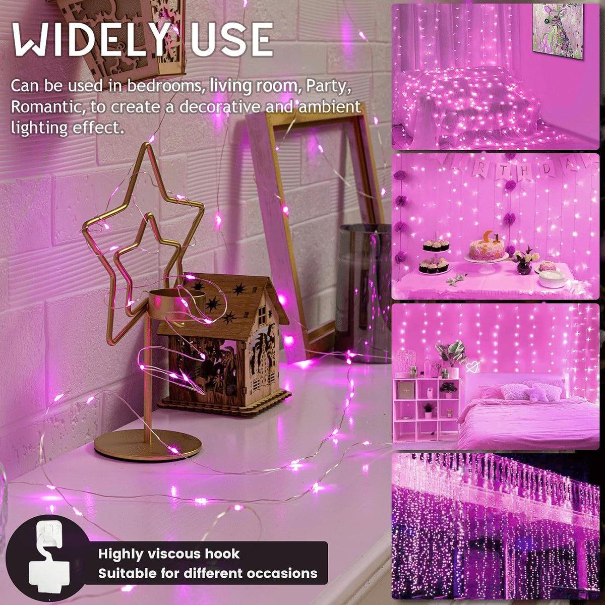 Pink Fairy Curtain Lights for Bedroom - 300 LED 9.8x9.8 Ft Battery Operated String Lights with Remote, 8 Modes USB Plug-in - for Pink Room, Party, Bedroom Decoration