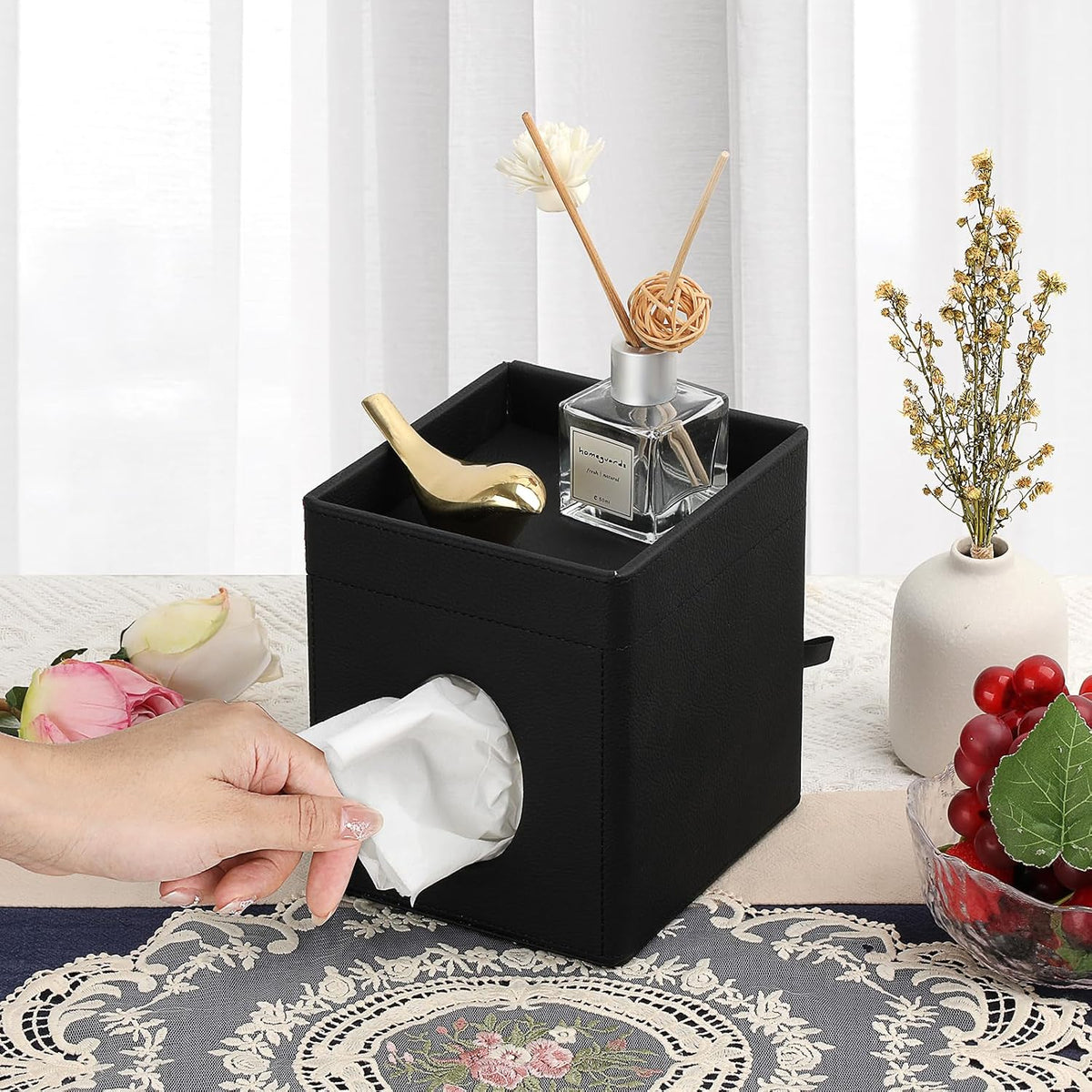 Sumnacon Square Tissue Box Cover with Storage Tray,Tissue Box Holder,Black