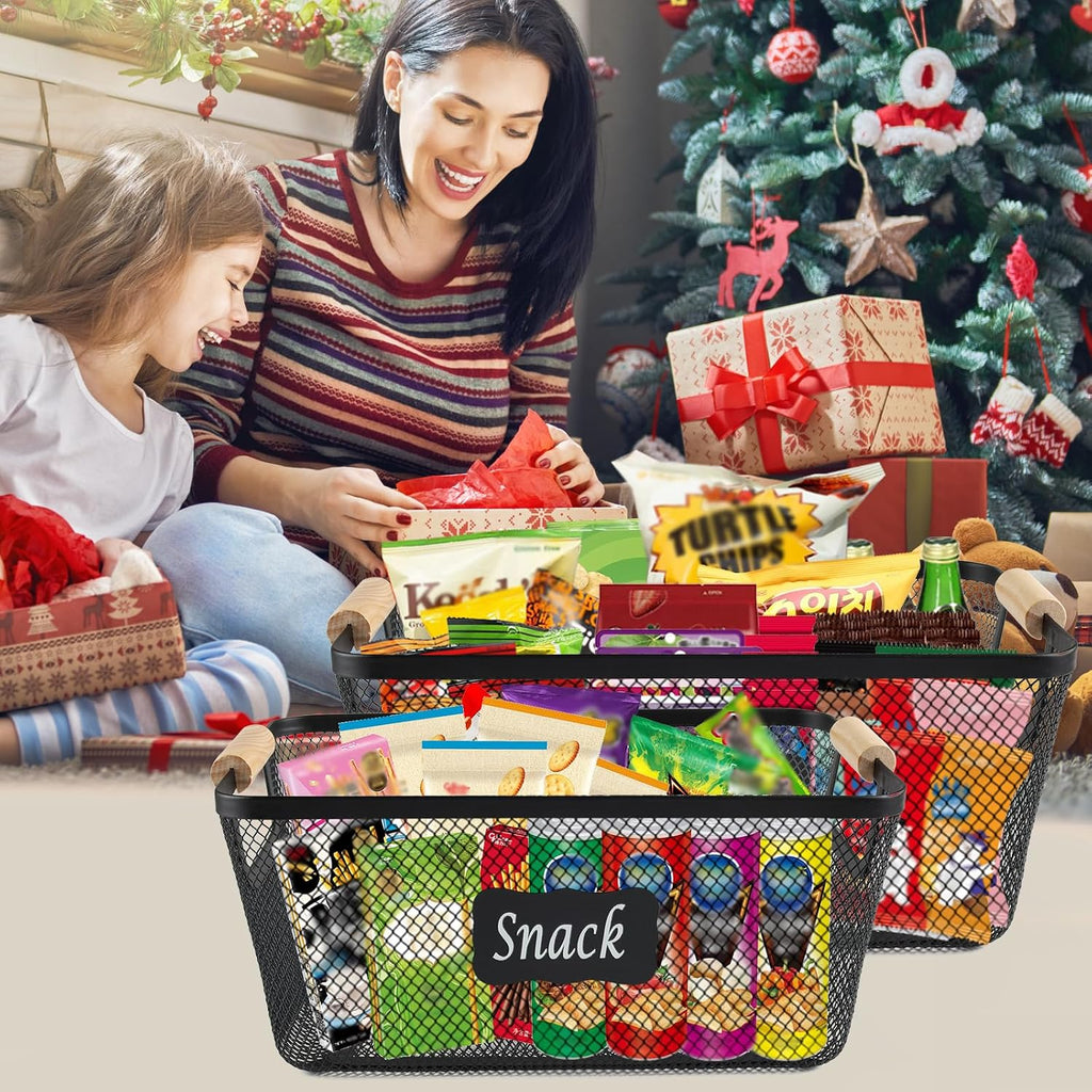 Snack Organizer for Pantry Shelf, 2 Pack Metal Mesh Snack Baskets with Wooden Handles, Snack Bin for Snack Bar Station, Kitchen Cabinet Pantry Organizers and Storage