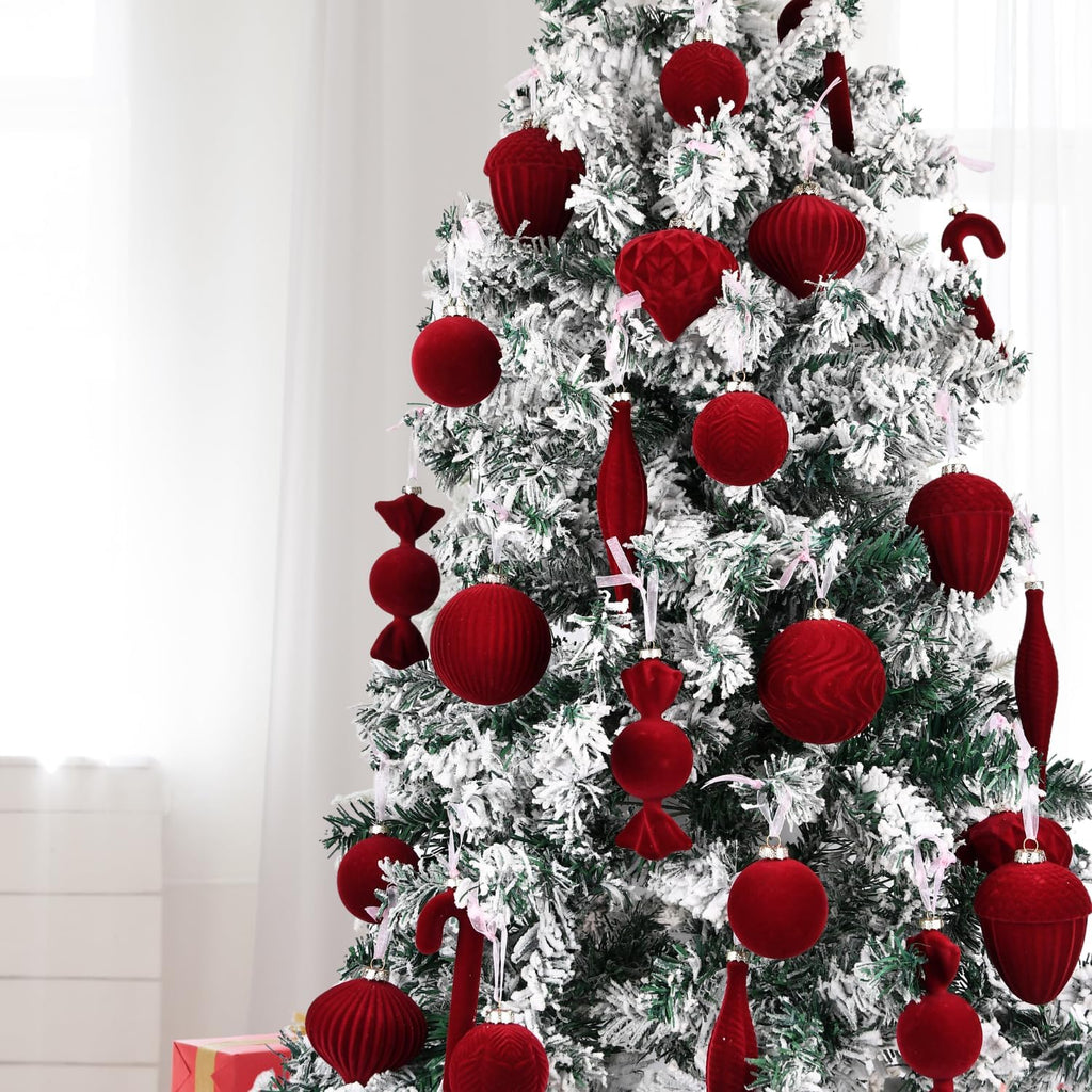 Velvet Ornaments for Christmas Tree Decorations - Burgundy Flocked Christmas Ornament Set for Winter Holiday Decor - Shatterproof Xmas Balls Ornaments Bulk - Pack of 24