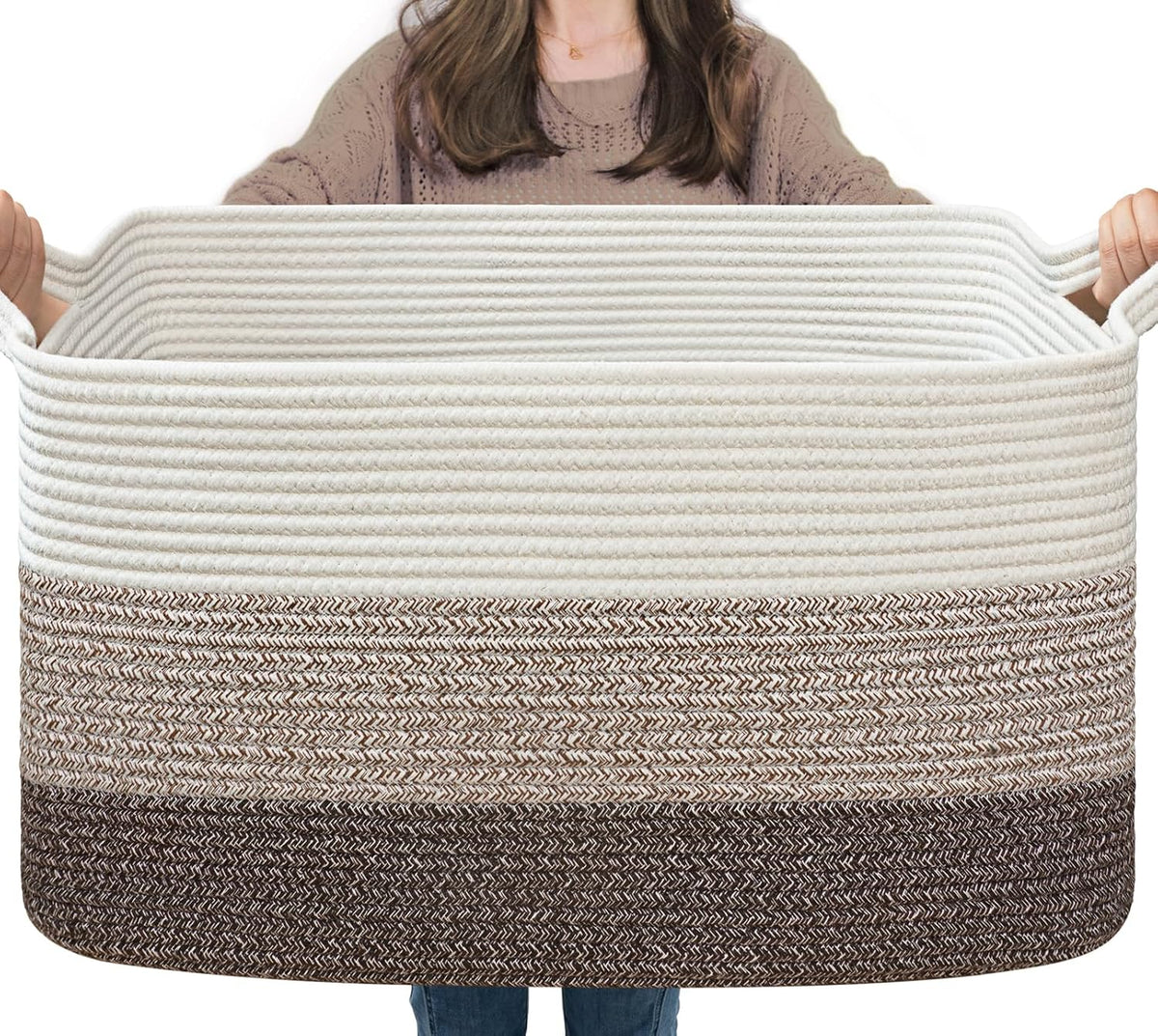 Goodpick Large Woven Rope Blanket Basket, Rectangle, White Brown
