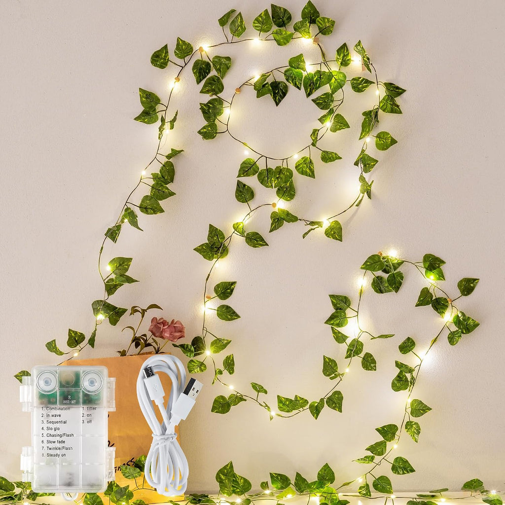 HEYFUNi 23ft Pre-Wrapped Pothos Vine with Fairy Lights USB Battery Operated