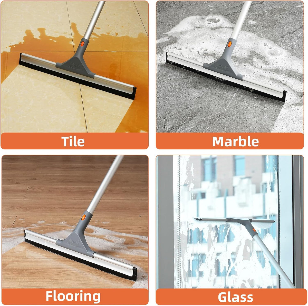Eazer Floor Squeegee for Floor: Heavy Duty Scrubber with Extendable 60'' Aluminum Pole and Rubber Blade for Kitchen, Swimming Pool, Concrete Floors,Shower,Tiles,Garages,Windows,Glass,Pet Hair Removal