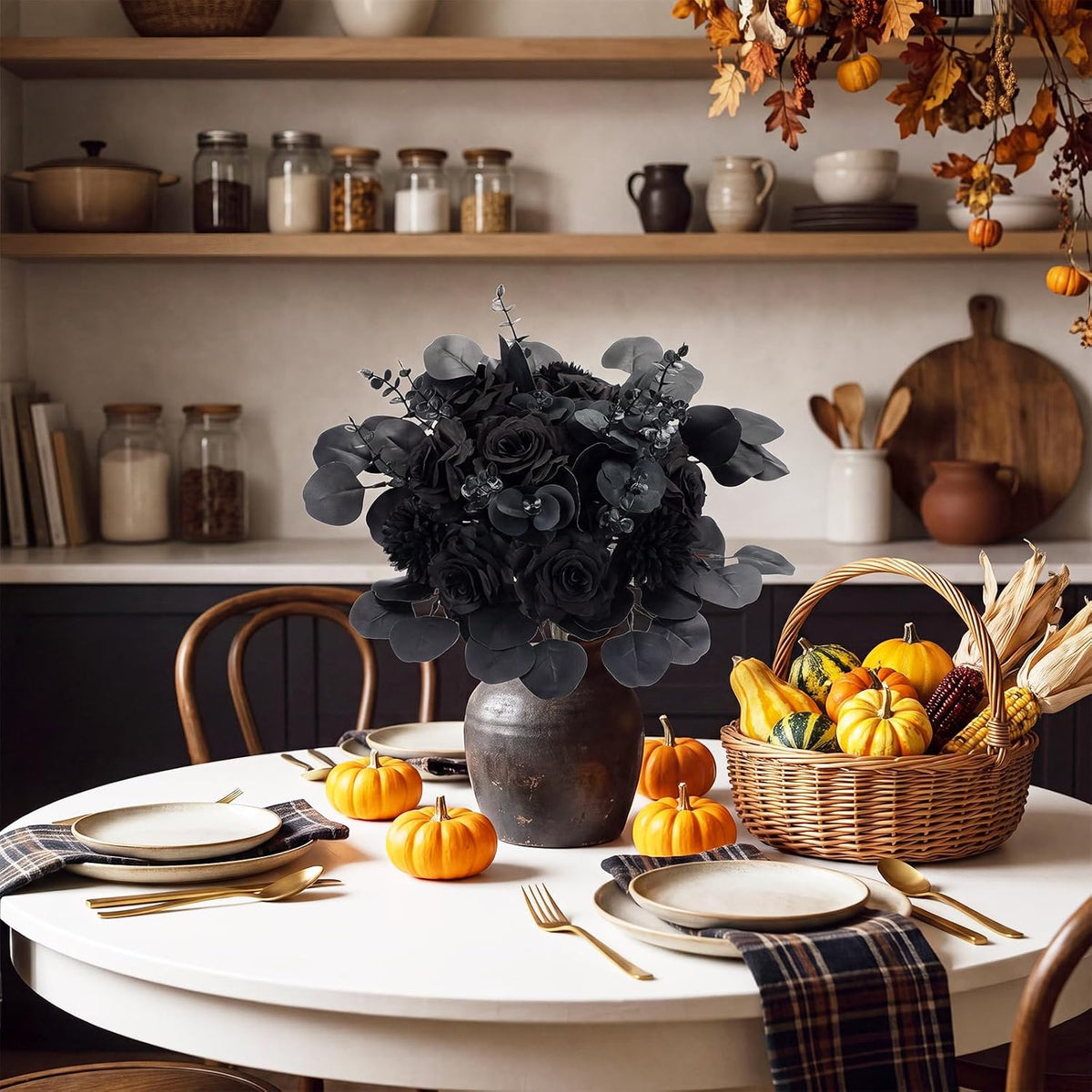 120 Pcs Black Artificial Eucalyptus Stems and Faux Flowers, Halloween