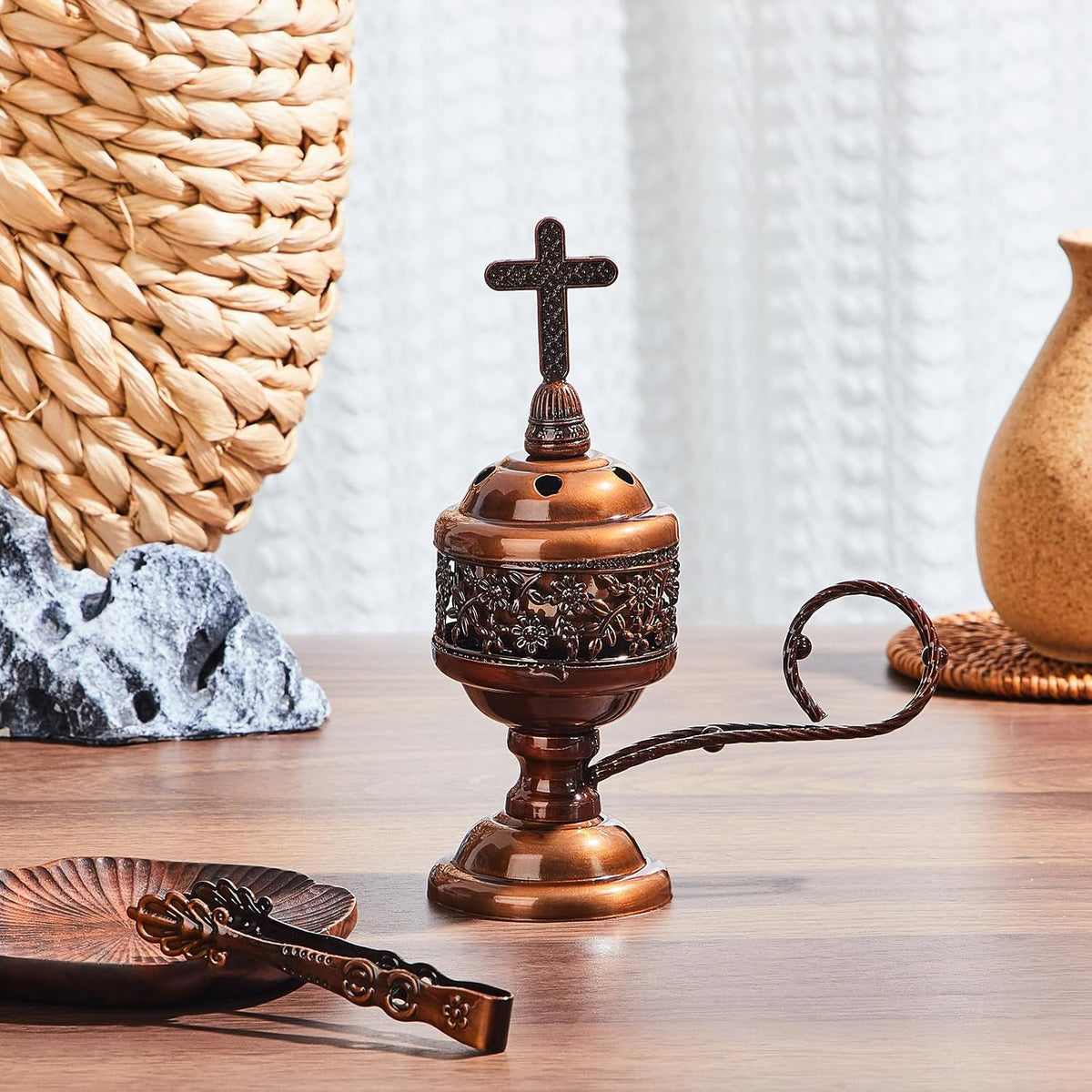 Zonon 2 Sets Incense Burner with Tong, Red Copper, Classic