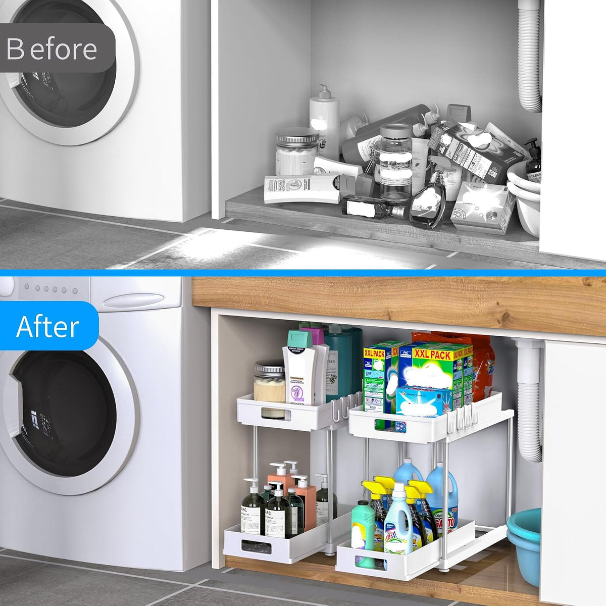 2 Pack Under Sink Organizer with Double Pull-Out Drawer, White