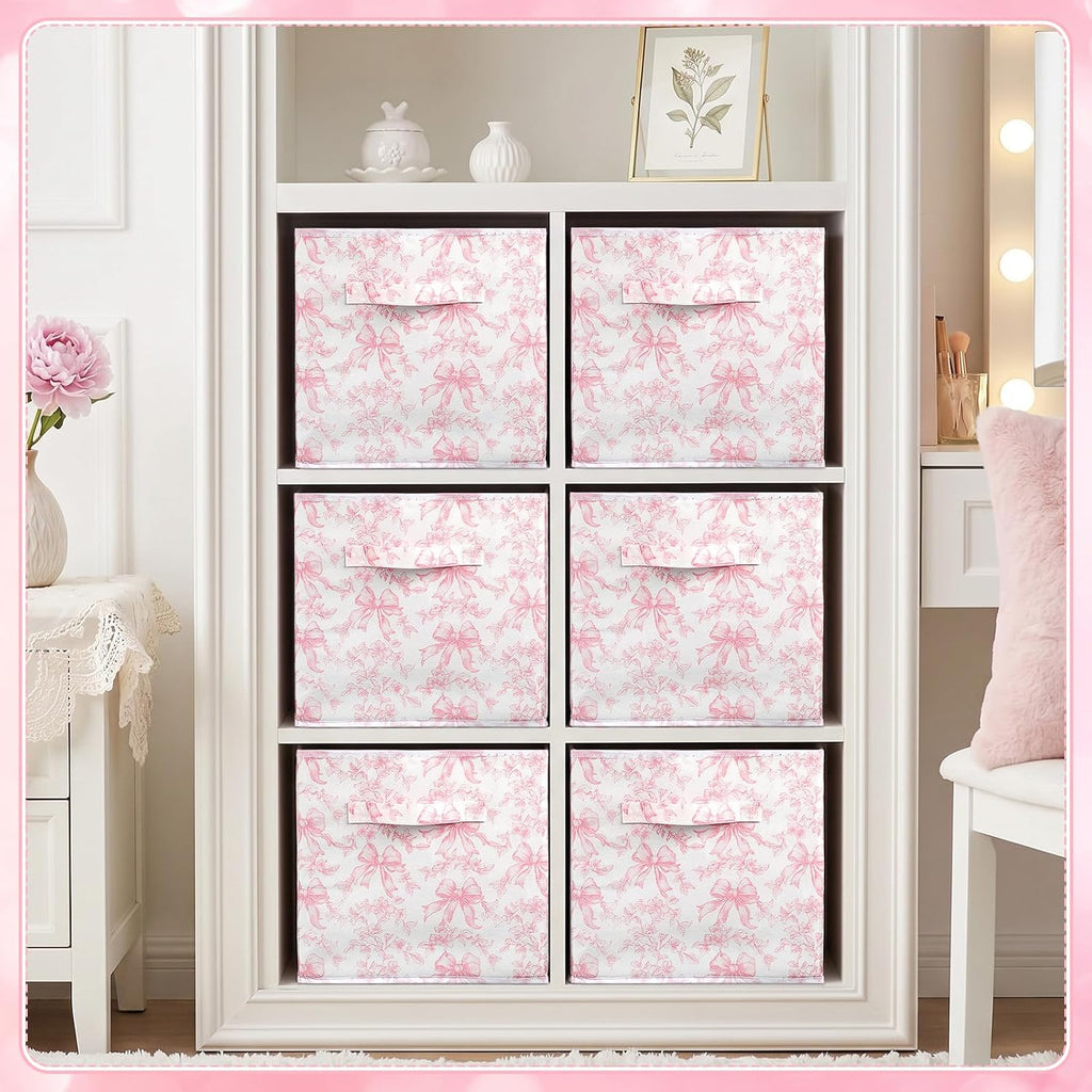 Geelin 6 Pcs Pink Floral Bow Cube Storage Bins 11 in Basket with Handle