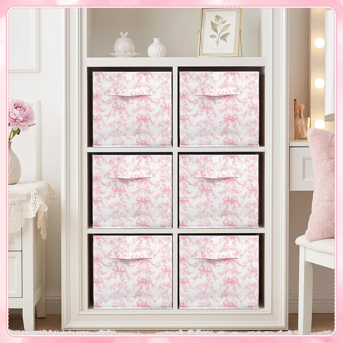 Geelin 6 Pcs Pink Floral Bow Cube Storage Bins 11 in Basket with Handle