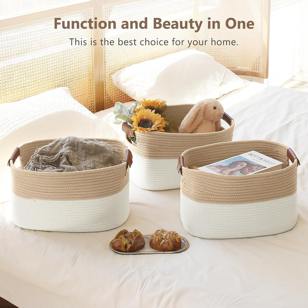 ECDYQXVU 15x10x9 Woven Cotton Rope Storage Basket, Leather Handles 1 Pack