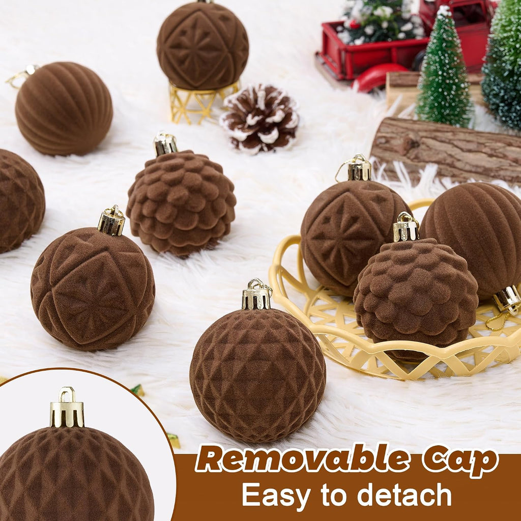 BLEUM CADE 16Pcs Brown Velvet Shatterproof Christmas Ball Ornaments