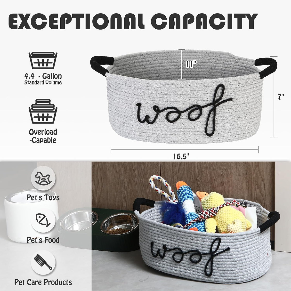 Sea Team Dog Toy Storage Basket with Handles, Gray Woof