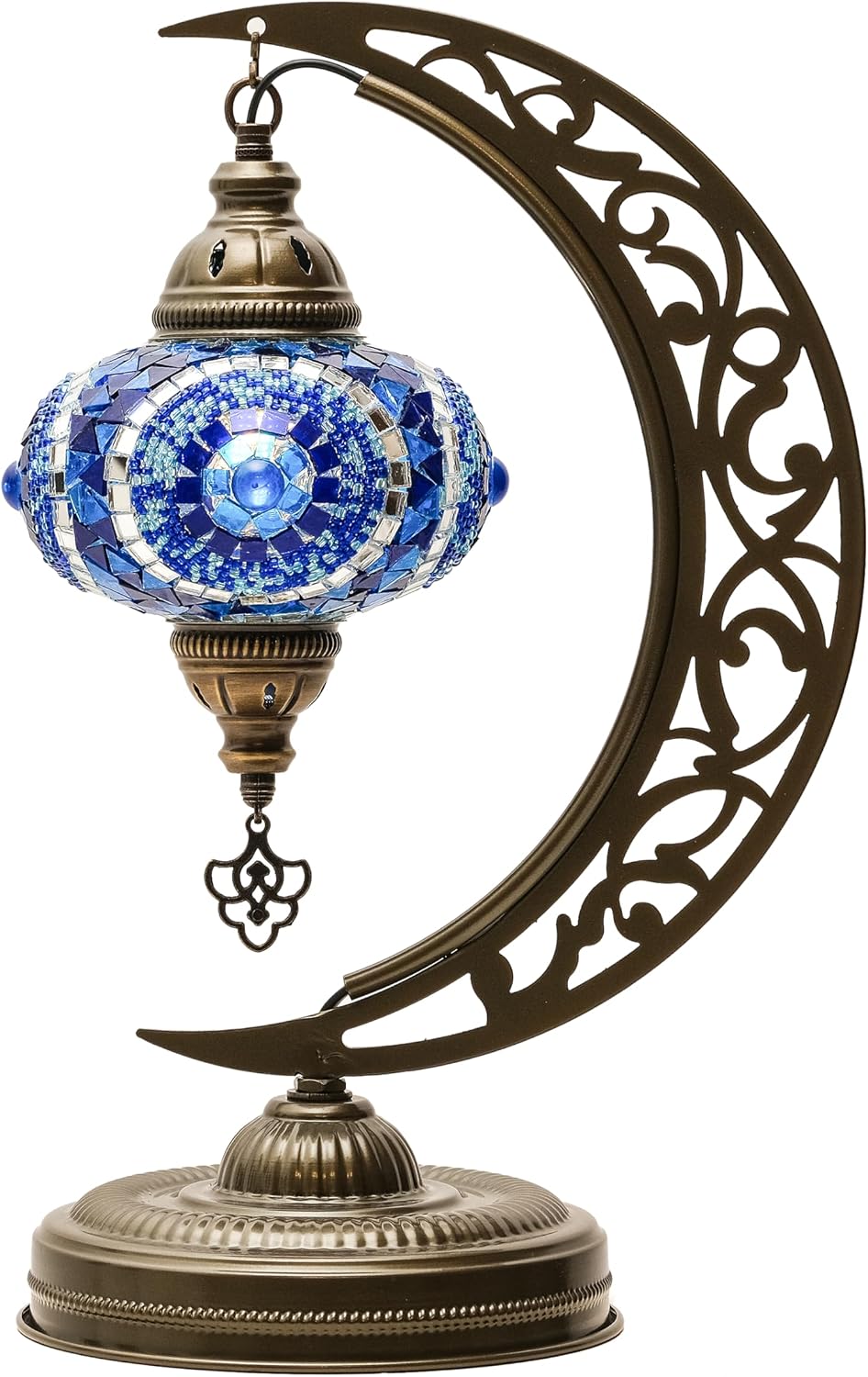 Turkish Lamp, Unique Lamps, Moon Shaped Mosaic Table Lamp, Moroccan Handmade Antique Bohemian Vintage Lamp Shade, Tiffany Desk Bedside Stained Glass Lamp with US Plug and E12 Socket