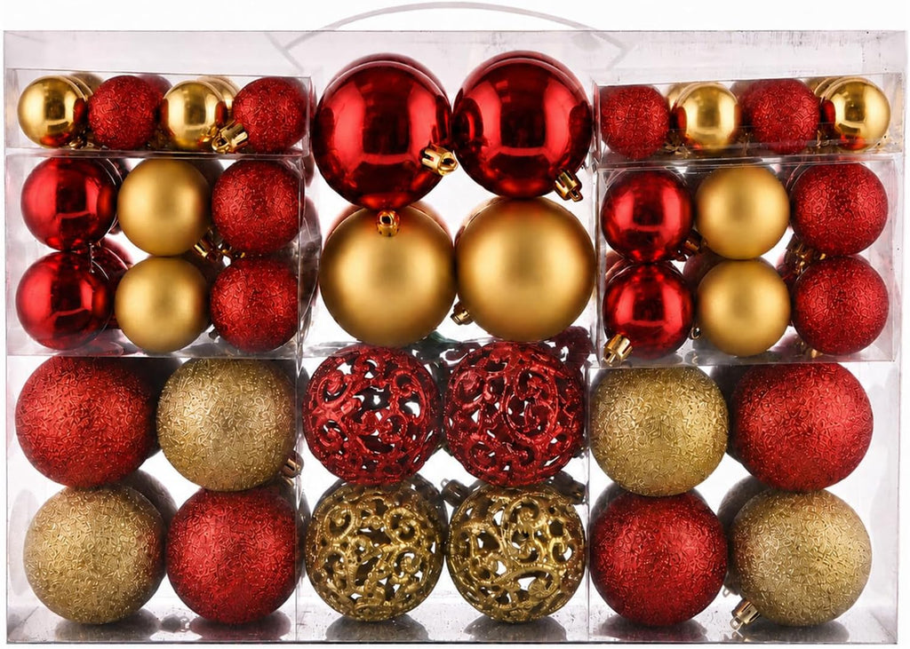 Christmas Balls Tree Ornaments Set, Shatterproof Xmas Decorations Set with Reusable Hand-held Gift Package for Holiday Indoor Tree Decor (100, Red & Gold)