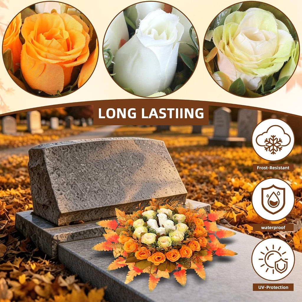 Lodou Artificial Cemetery Flowers,Silk Memorial Cake for Cemetery,Artificial Flower Centrepieces for Tables,Artificial Rose Graveyard Memorial Flowers for Headstones Decoration (Autumn Yellow)