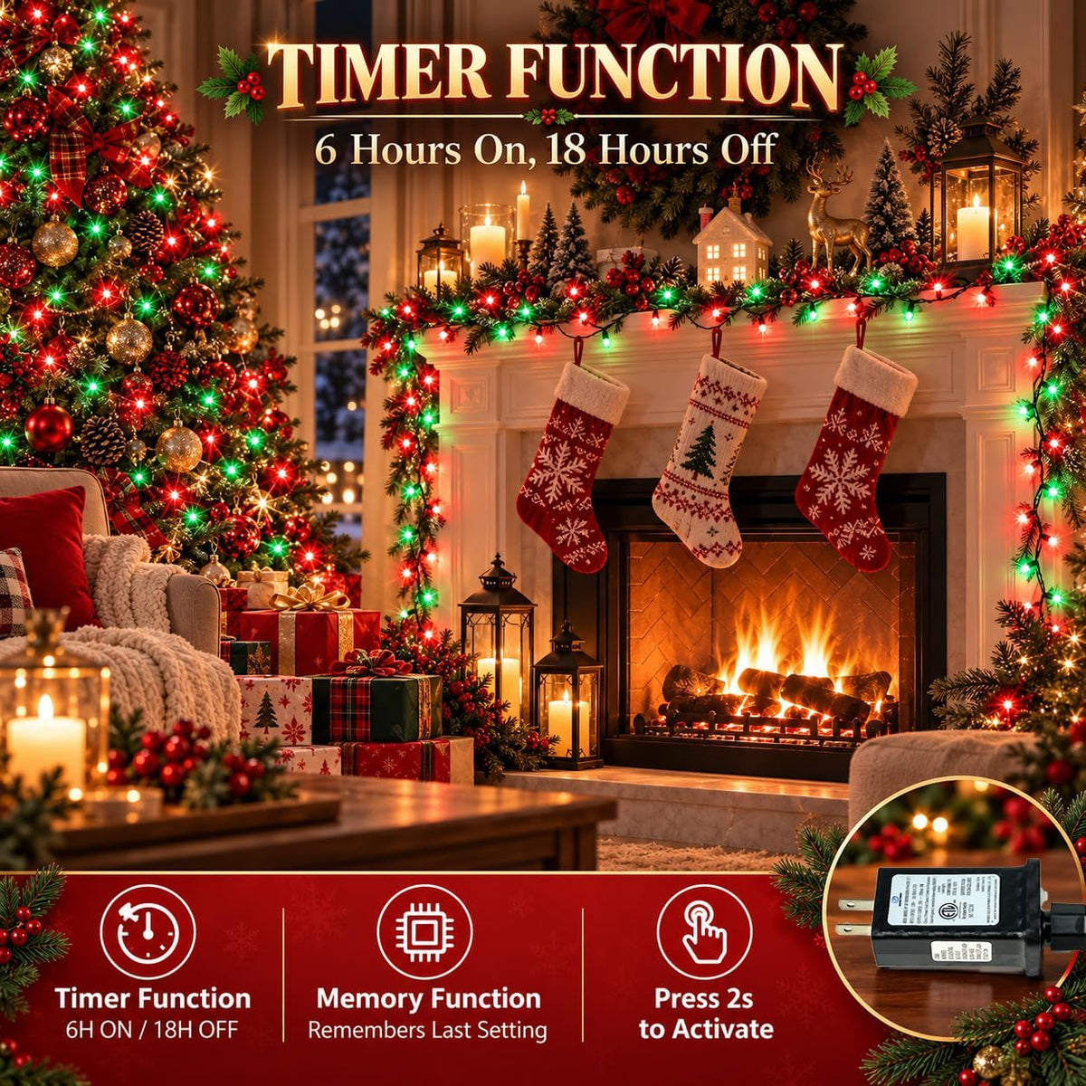 OZS Connectable 2-Pack 164Ft 400LED Christmas String Lights, Red & Green