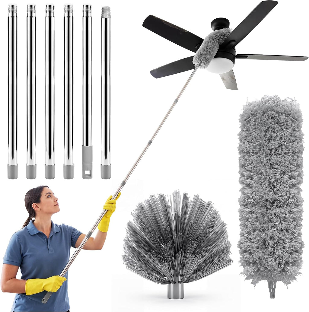 8FT Cobweb Duster, Ceiling Fan, Extension Pole, 2 Brush Heads