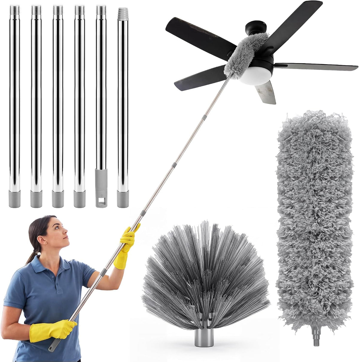 8FT Cobweb Duster, Ceiling Fan, Extension Pole, 2 Brush Heads