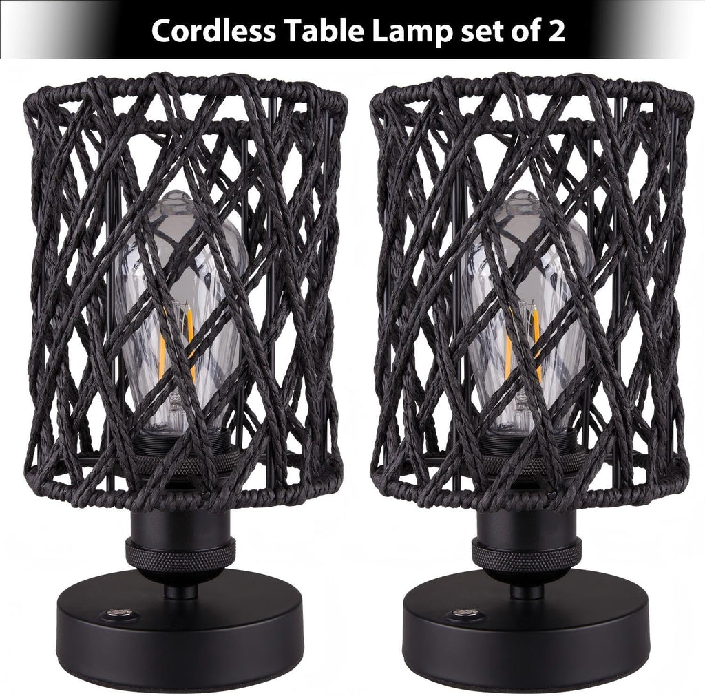 Cordless Outdoor Table Lamps, Small Rattan Boho, Rechargeable Battery Operated for Outdoor Patio, Home, Living Room, Bedroom, Bedside - Set of 2 (Black-A)