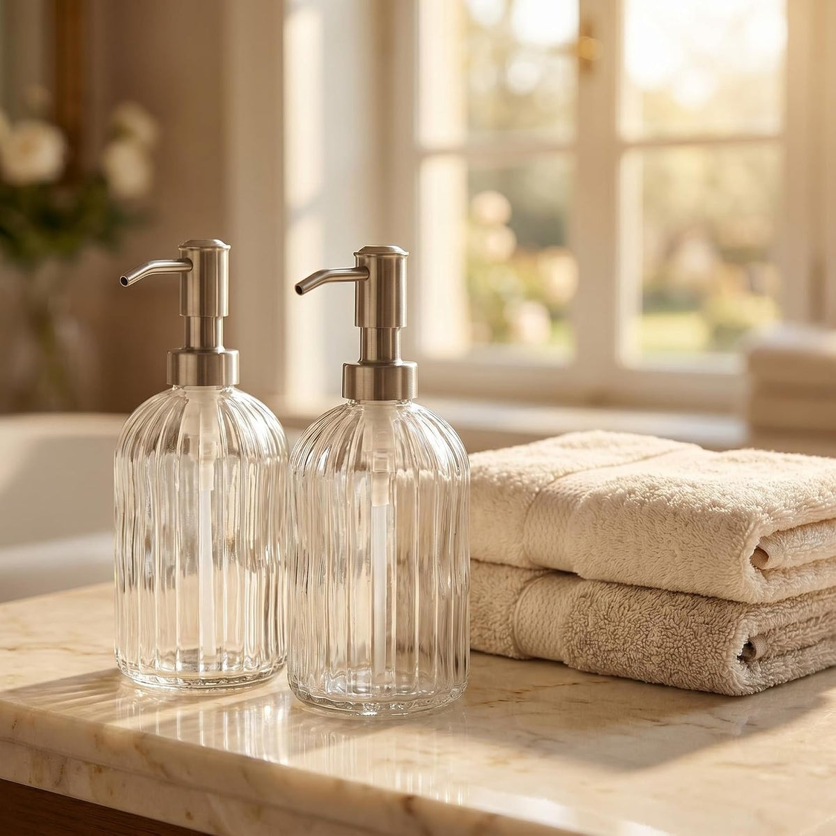 16 OZ Stripe Design Soap Dispense with 304 Rust Proof Stainless Steel Pump Glass Soap Dispenser Kitchen Soap Dispenser Bathroom