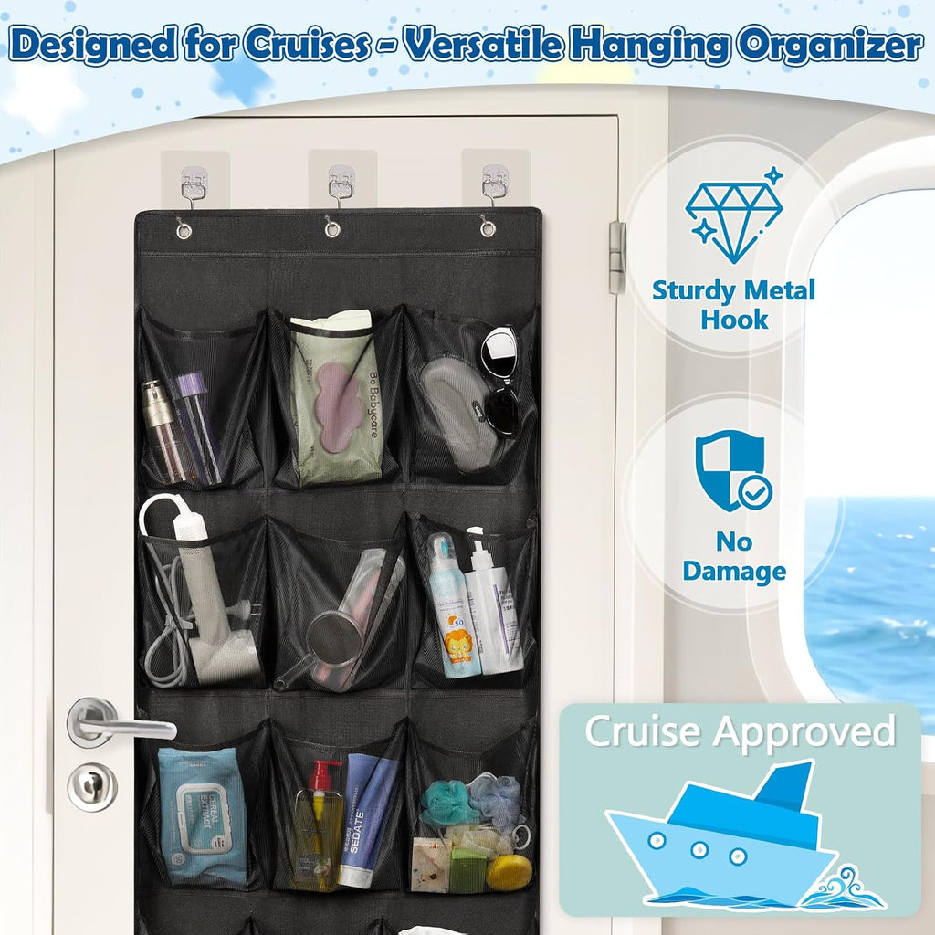 Over The Door Cruise Ship Organizer with 15 Size-Graded Pockets Black