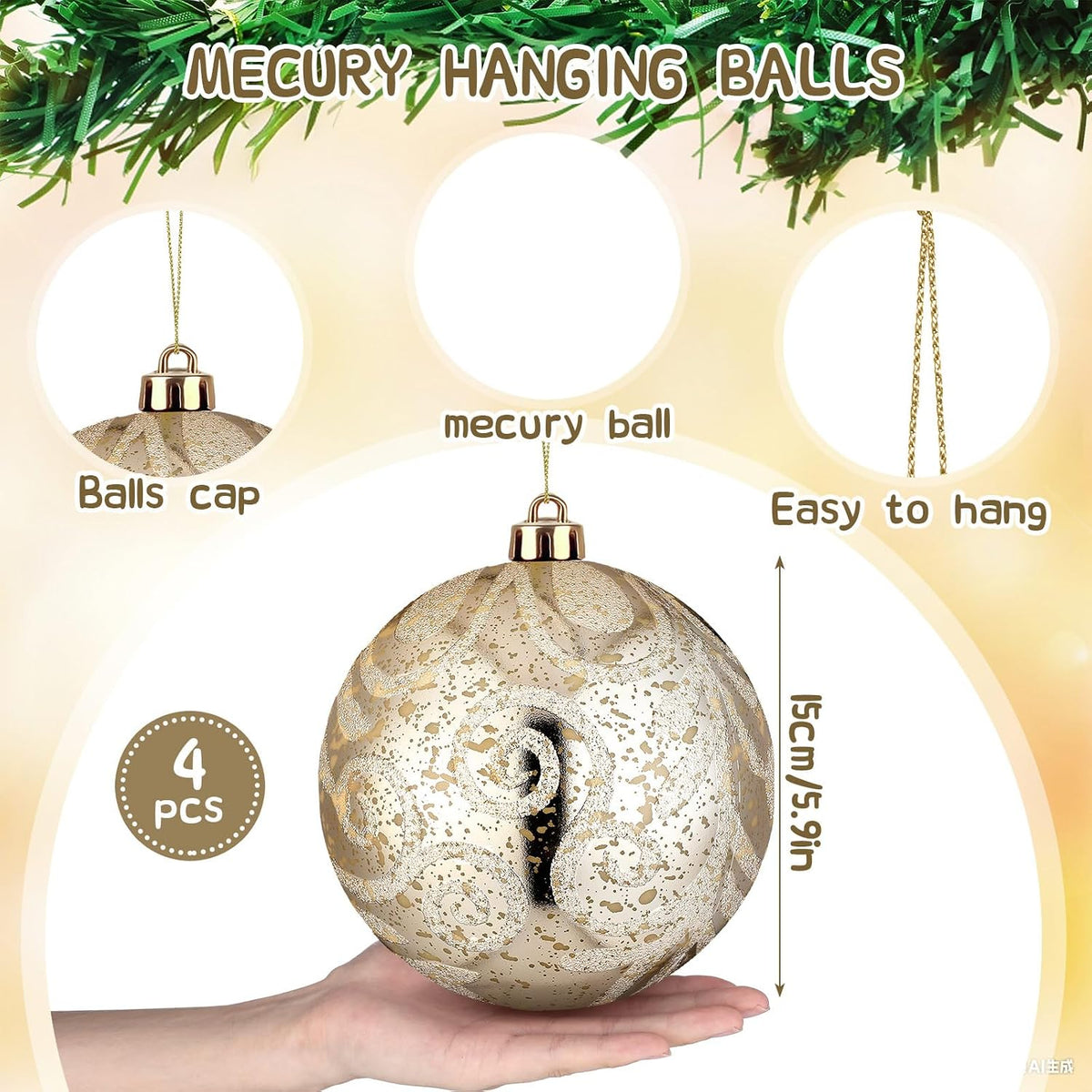 Arrowbash 4 Pcs 6'' Champagne Gold Mercury Big Christmas Ball Ornaments Set