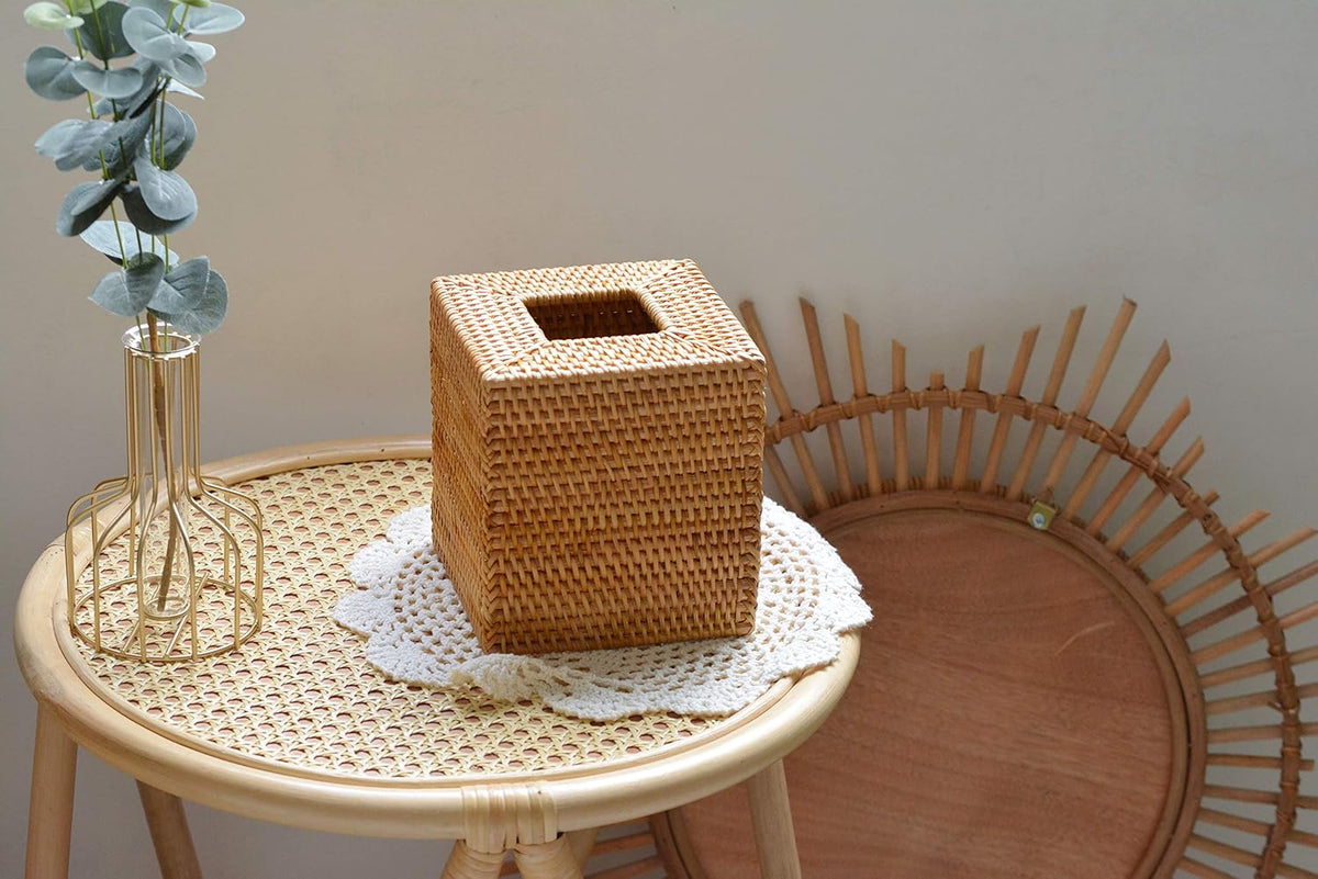Rattan Tissue Box Cover Square, Hand Woven Wicker Tissue Holder, 5.5 x 5.5 X 5.7 inch, Natural (Pack of 3)