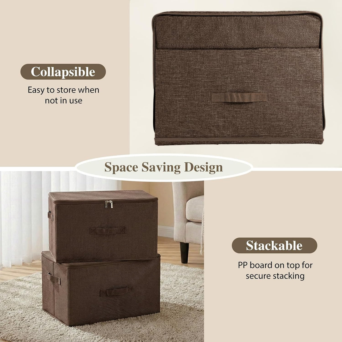ANMINY Fabric Storage Bins with Zipper Lids, 15"x10"x6", Coffee, 2 PCS
