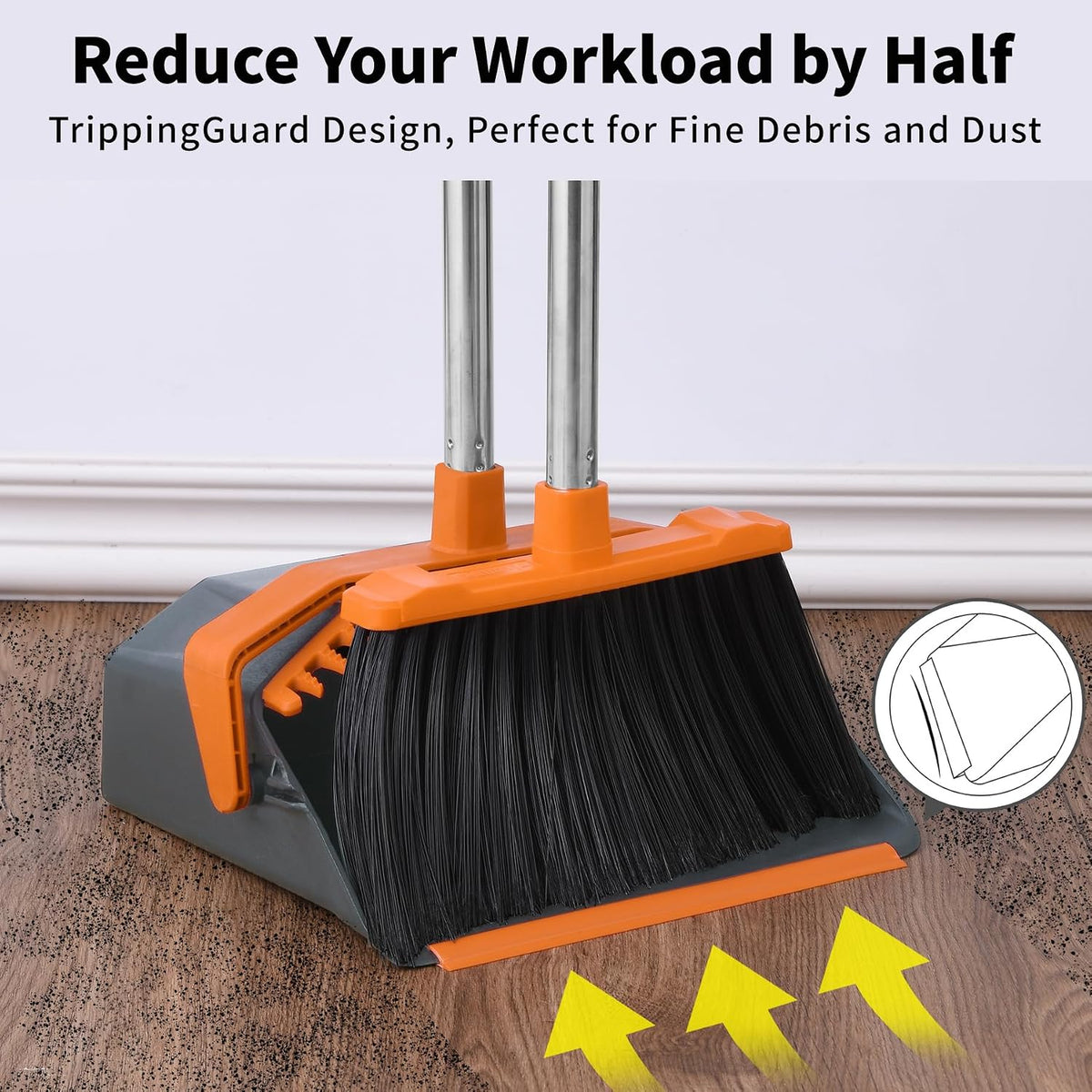Broom and Dustpan Set for Home, 51" Long Handle Standing Pan Grey Orange