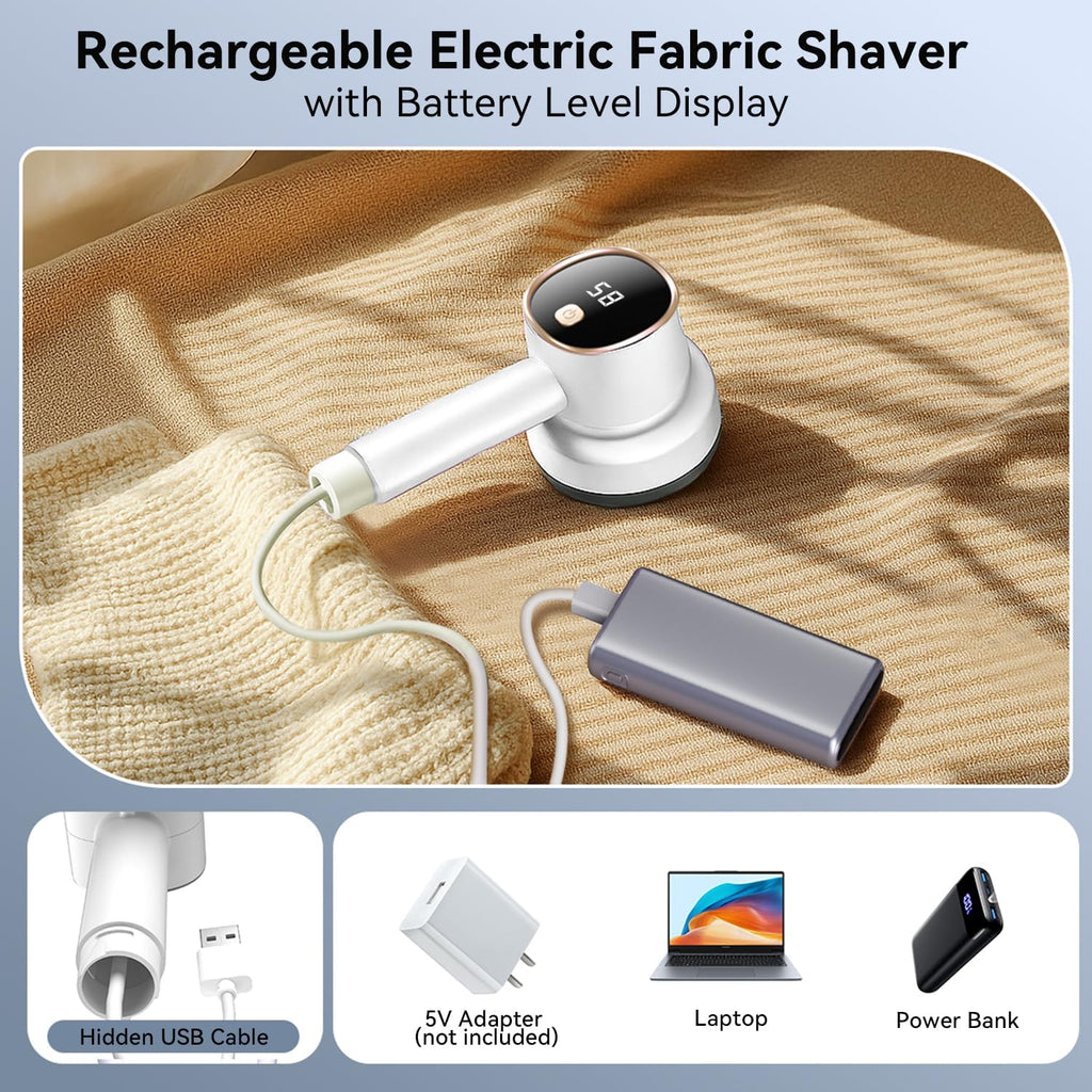 Rechargeable Fabric Shaver, 6-Leaf Blades, LED Display, 3 Speeds