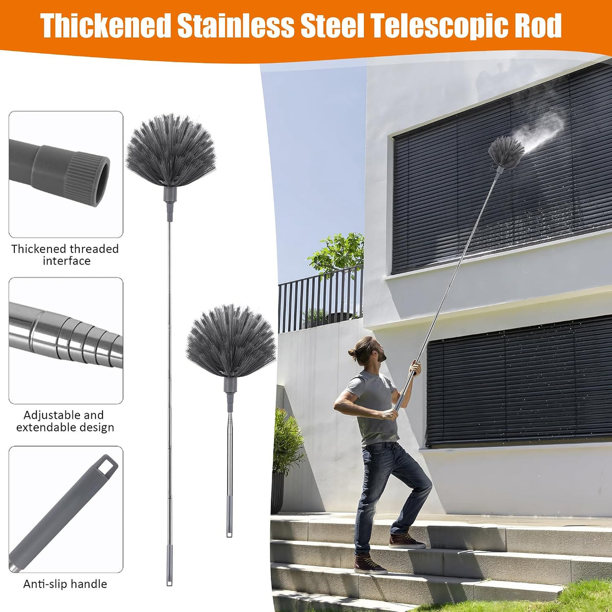 4 Pcs Microfiber Cobweb Duster with 100-inch Extendable Pole, Washable and Reusable Feather Cleaning Duster Kit with 3 Duster Heads,Dusters for Cleaning with Telescopic Pole for High Ceiling Fan