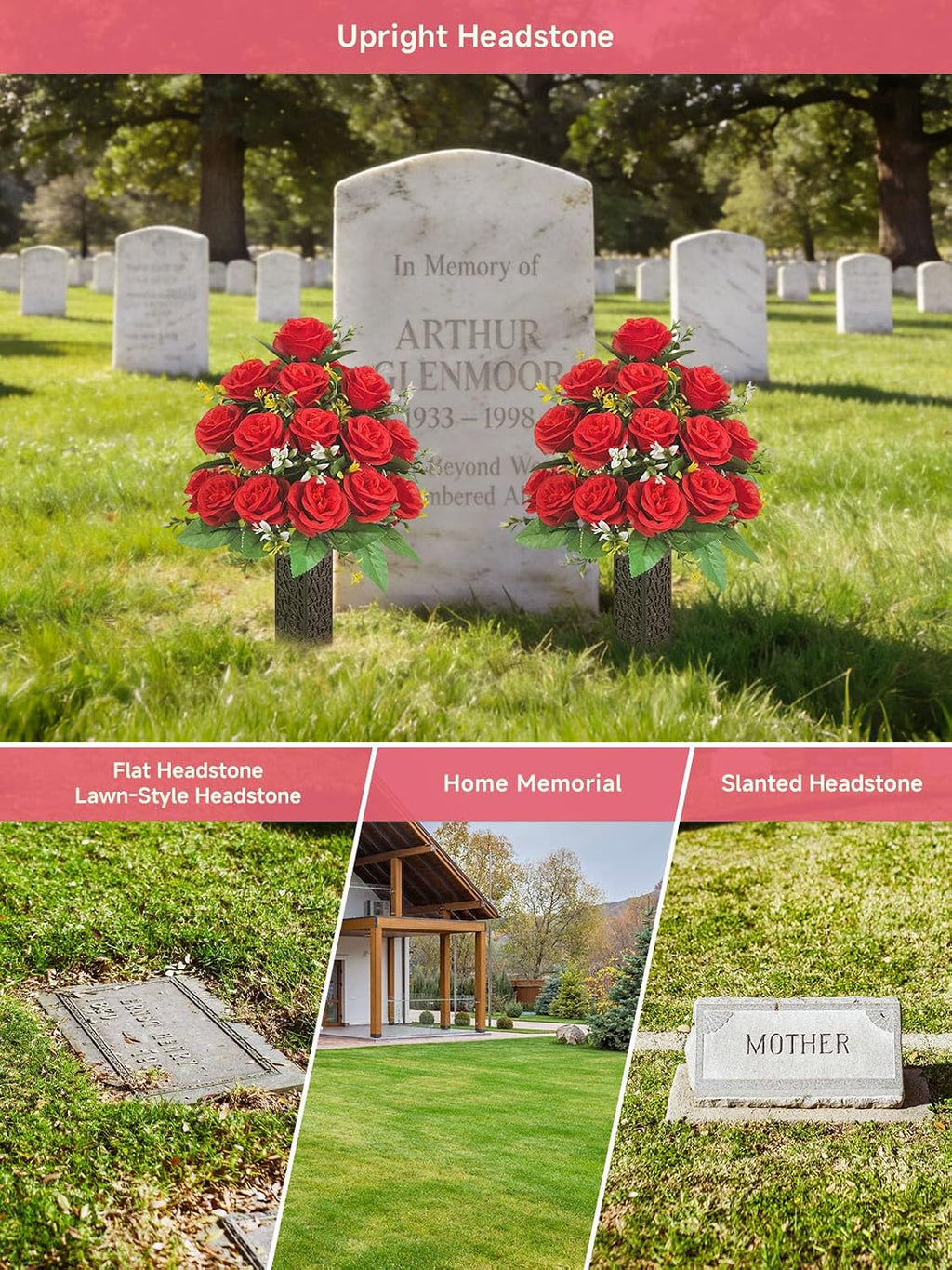 Mirevielyn 2-Pack Artificial Rose Cemetery Flowers with Spiked Vases