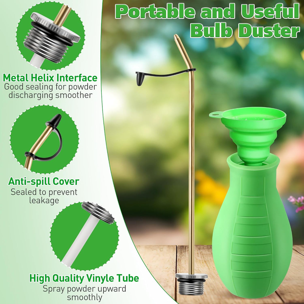 Diatomaceous Earth Powder Duster, 8OZ Garden Powder Applicator Dispenser with Long Metal Tube, Bulb Duster Sprayer for Home Organic Gardening Agricultural Supply(Green,1 Pack)