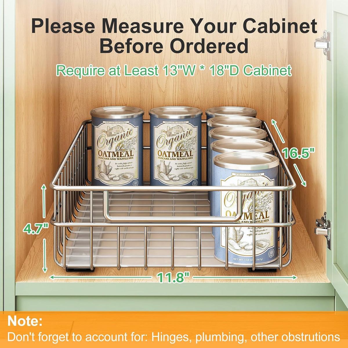 Stainless Steel Pull Out Cabinet Organizer(11.8"W x 16.5"D x 4.7"H)-1 Pack, Minimalist Design Frame, Full-Extension Slide Rails, Easy Installation for Pantry Organizers or Kitchen Cabinet Organizer
