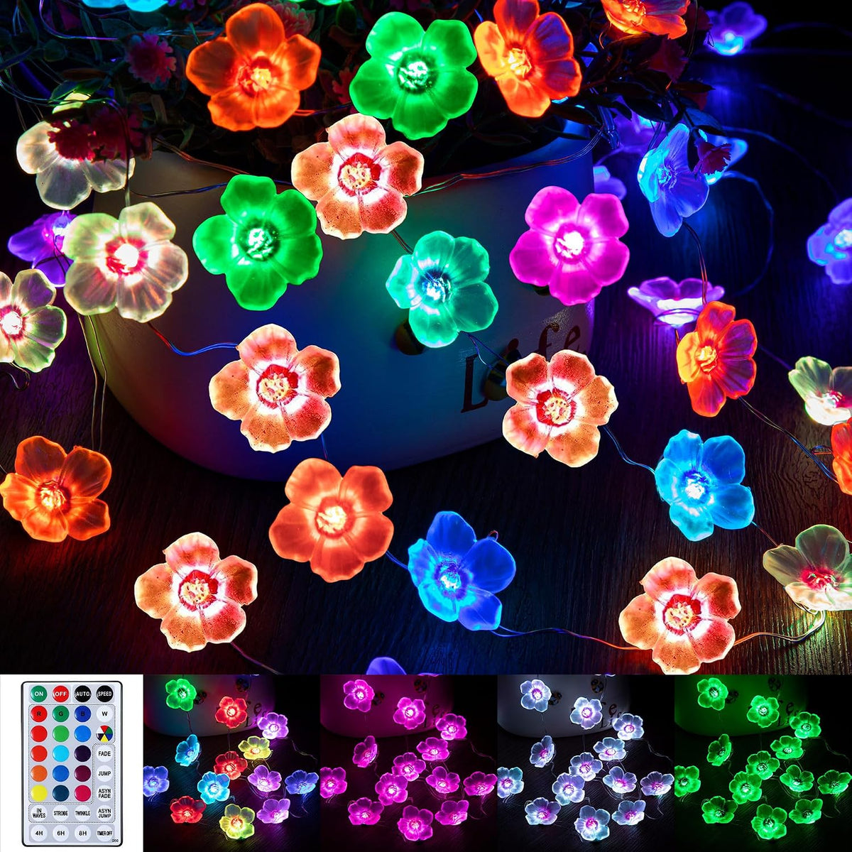 Mudder 2 Pack 16 Colors 13 FT Cherry Blossom Decor Flower String Lights
