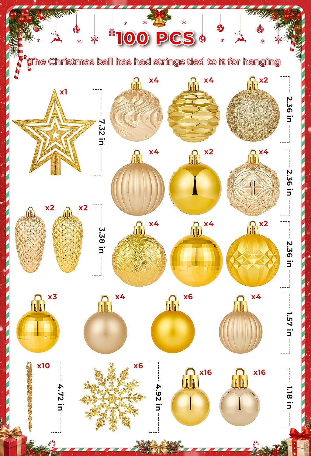 Brightown 100Pcs Christmas Tree Decorations Ornaments Set, Gold