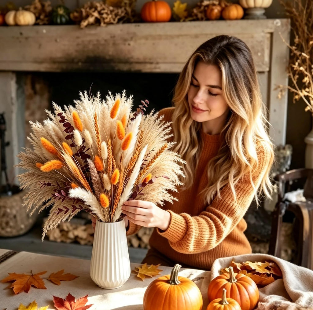 Bpole Fall Dried Flower Bouquet,92Pcs13-15inch Boho Pampas Grass Fall Decor