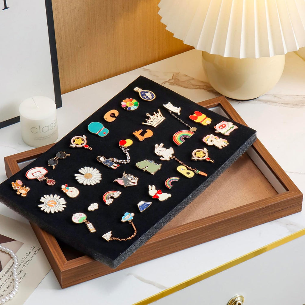 Pin Display Case with Gold Stand for Medal & Jewelry Pin Collection – Wall-Mounted or Desktop Shadow Box with Sliding Acrylic Door, 12.6 x 8.7 x 1.26 inches, Brown Wood Frame