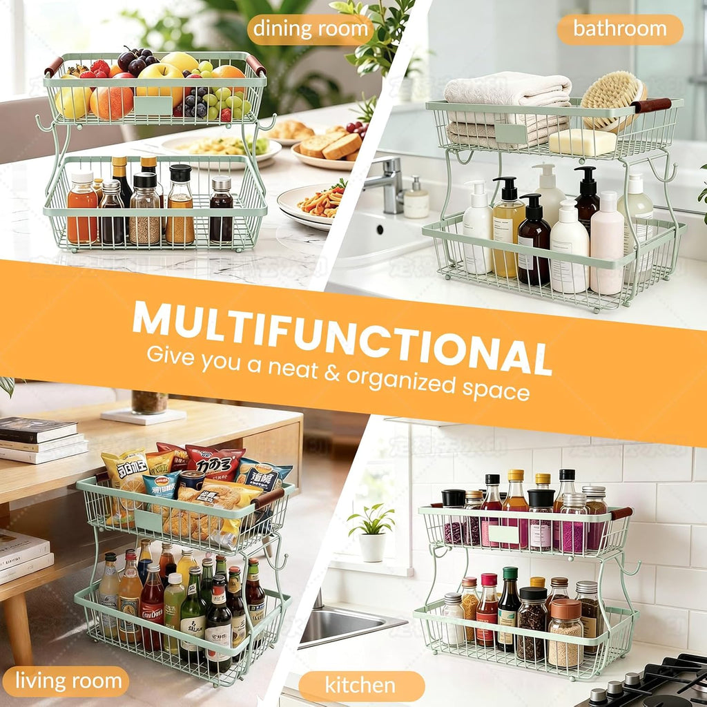 2-Tier Stackable Wire Basket with 2 Banana Hooks, Pantry Organizer for Kitchen Countertops, Cabinets & Under-Sink Spaces; Ideal for Storing Snacks, Fruits, Veggies, Onions, Potatoes, & More,Green