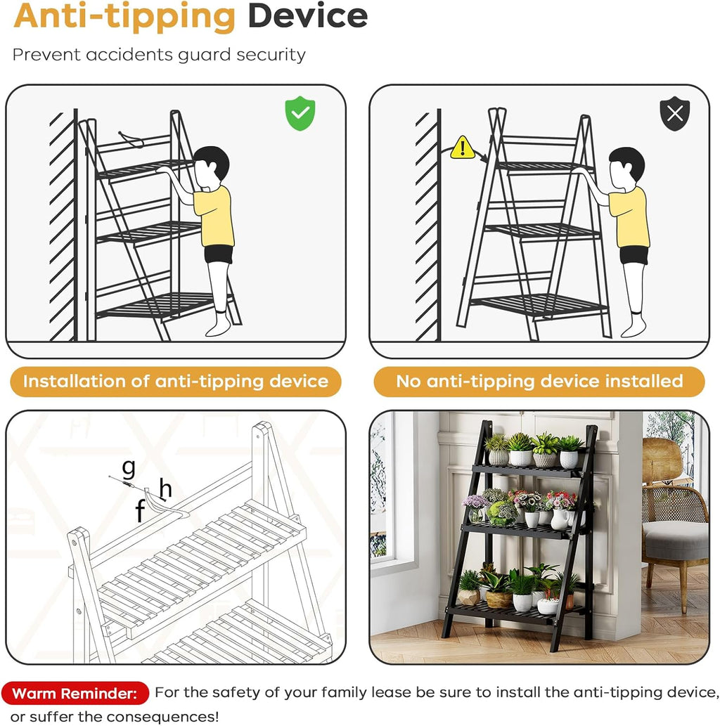 39.4" Foldable Ladder Shelf Plant Shelf, 3 Tier Bamboo Ladder Bookshelf