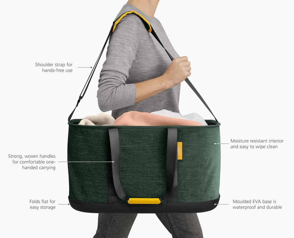 Joseph Joseph Hold-All Collapsible 45L/11.89 Gallon Outdoor Washing Laundry Basket with Shoulder Strap, Durable Fabric, Waterproof Base (Dark Green)