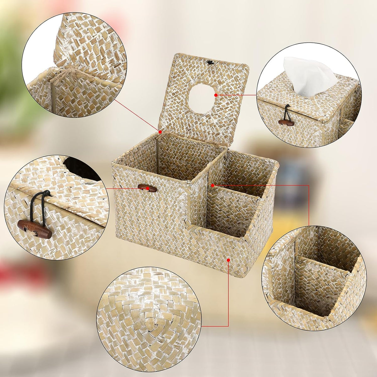Sumnacon Tissue Box Cover-Square Woven Tissue Box Organizer for Desk Rustic Seagrass Tissue Box Holder with Side Organizer Decorative Cube Tissue Cover for Bathroom Home Office Table Counter Whitewash