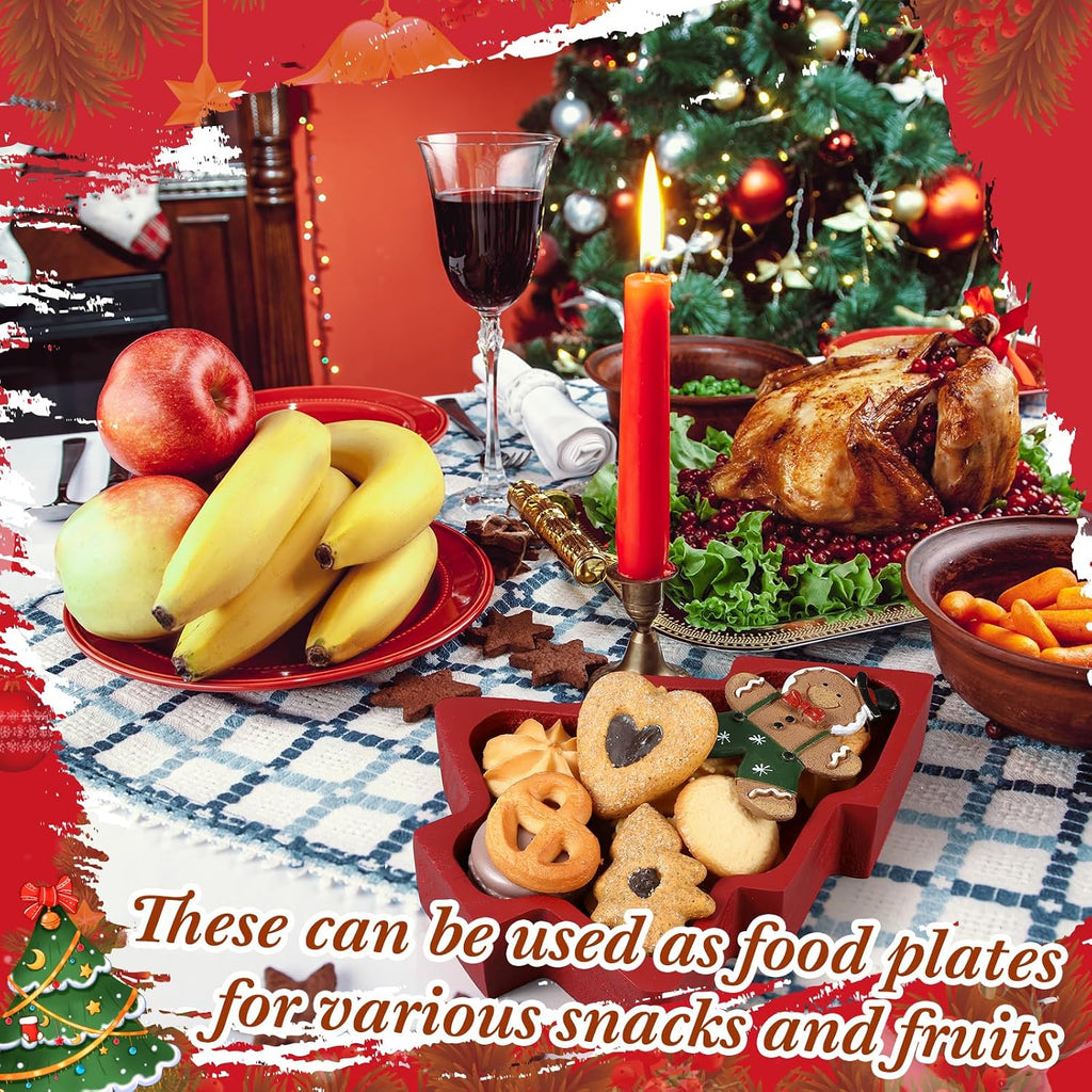 Jingmore 4 Pcs Christmas Wooden Bowl Xmas Tree Tray Dough, Red