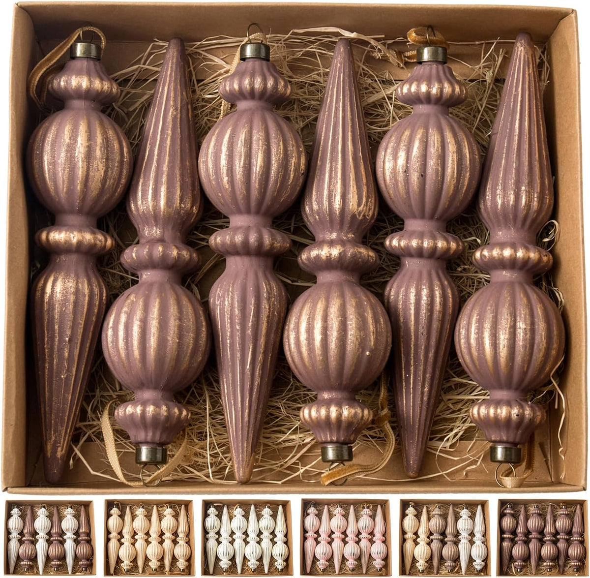 Gunmetal Gold Vintage Finial Christmas Ornaments, 6Pcs Neutral Shatterproof Xmas Tree Ornaments