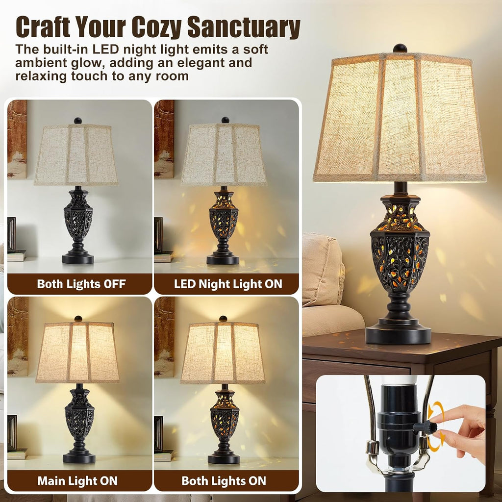 EJIAXIN Lamps for Night Stands Set of 2-23.5" Vintage Bedside Lamp with USB A+C and Nightlight - Black Retro Carved Resin Farmhouse Table Lamp for Bedrooms, End Tables, Living Room, Bulbs Included