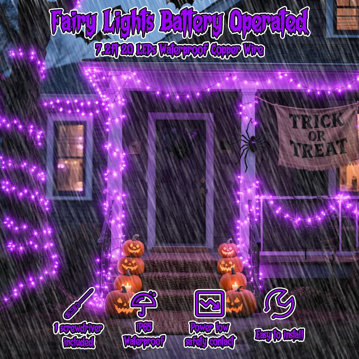 Halloween Purple Fairy Lights Battery Operate,7.2ft 20 LEDs String Lights Silver Copper Wire for Hallowen Christmas DIY Decoration Wedding Party (6 Pack)