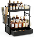 2-Tier Bathroom Counter Organizer with Drawer Basket and Hooks, Wood Bathroom Organizers and Storage for countertop, Farmhouse Black Countertop Organizer, Counter Shelf for Vanity, Kitchen, Office