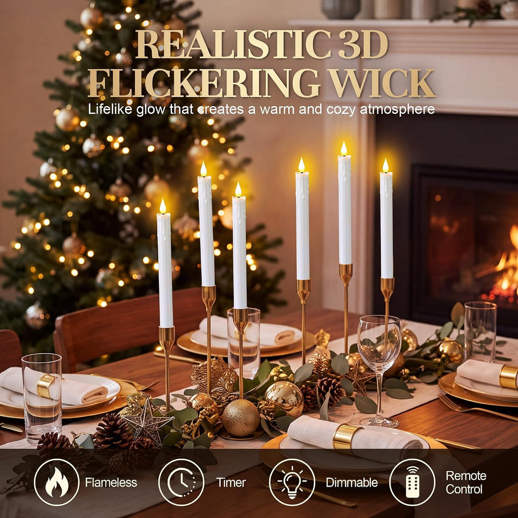 Enhon 6 Pack Flameless Taper Candles with Remote & Batteries, 10" White LED Candle Sticks, 3D Wick & Wax Drip Design, 624+ Hour Battery Operated Candles for Home, Wedding & Christmas Decor