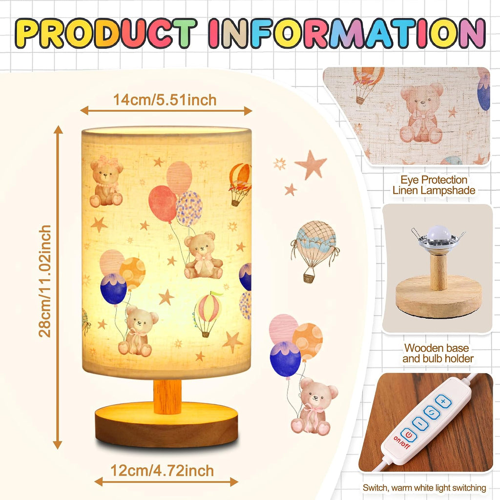 WSYEAR Bear Kids Table Lamp for Bedroom Kids Bedside Lamp with Linen Wooden Nightstand Cartoon Nursery Lampshade for Girls Boys Living Room