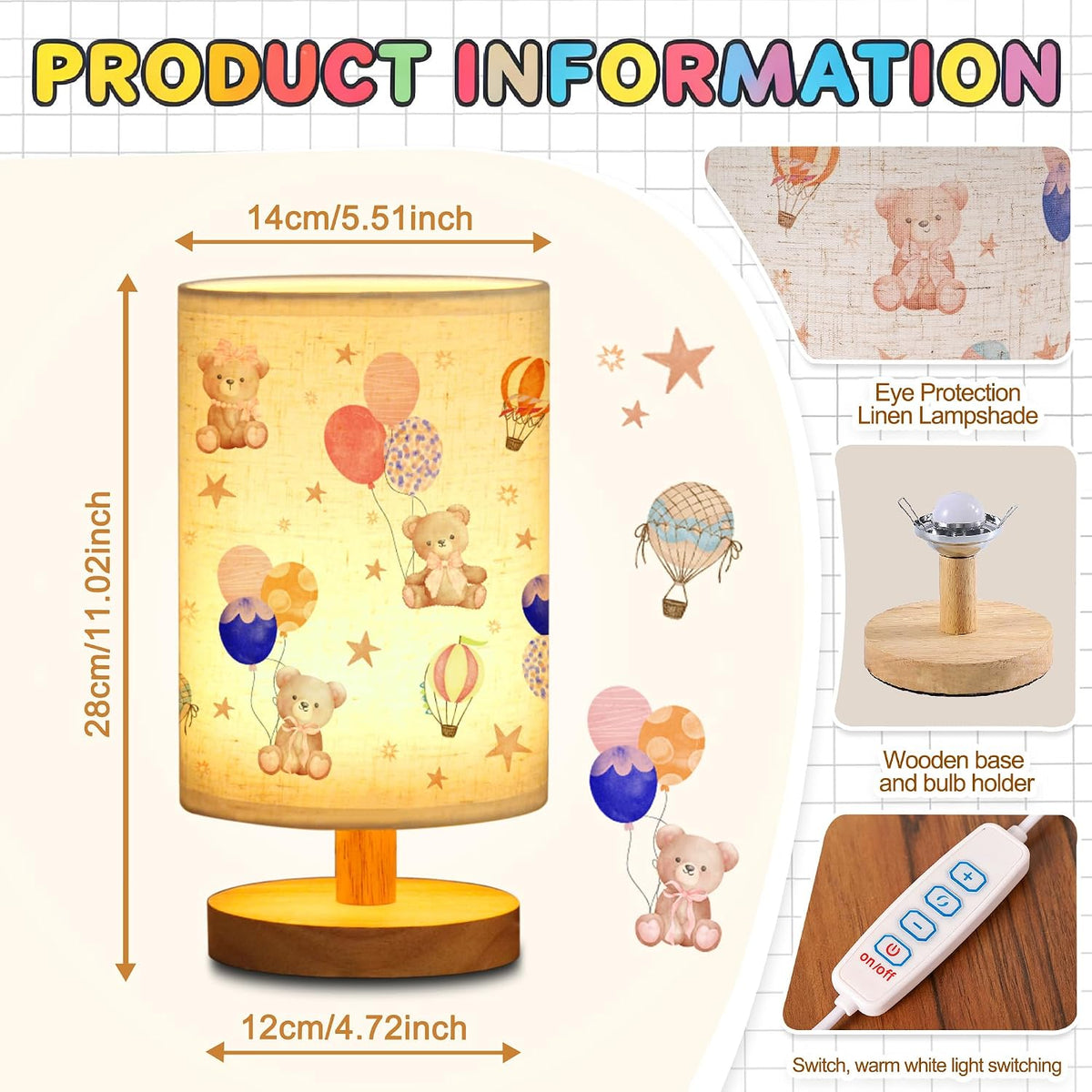 WSYEAR Bear Kids Table Lamp for Bedroom Kids Bedside Lamp with Linen Wooden Nightstand Cartoon Nursery Lampshade for Girls Boys Living Room