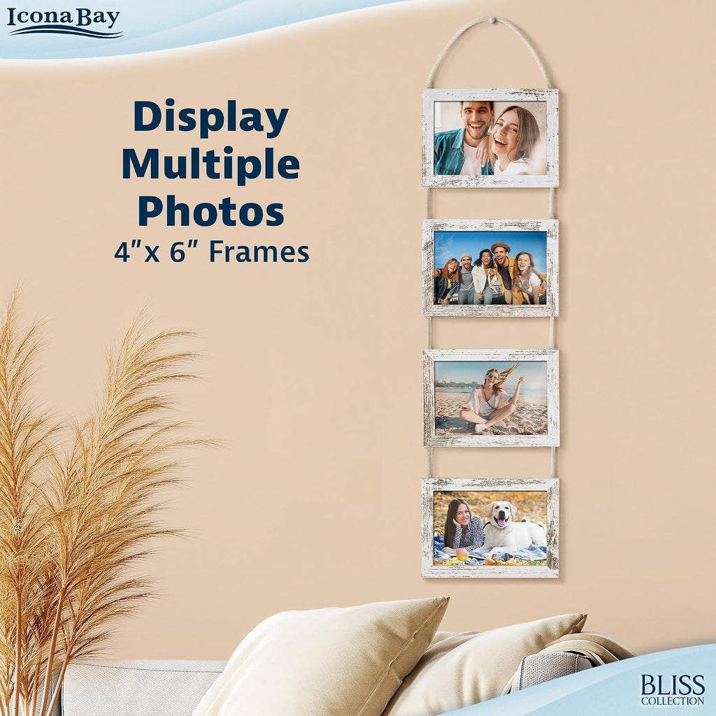Icona Bay - 4x6 Wall Hanging Picture Frames Collage with 4 Openings - Distressed White - Casual Style Engineered Wood Frames - Wall Mount Only - Bliss Collection (Pack of 3)
